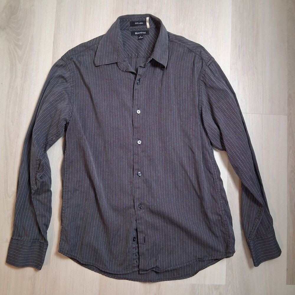 Brandini Button-Up M Gray Pinstripe/fine Stripe Pattern Long Sleeves Mens